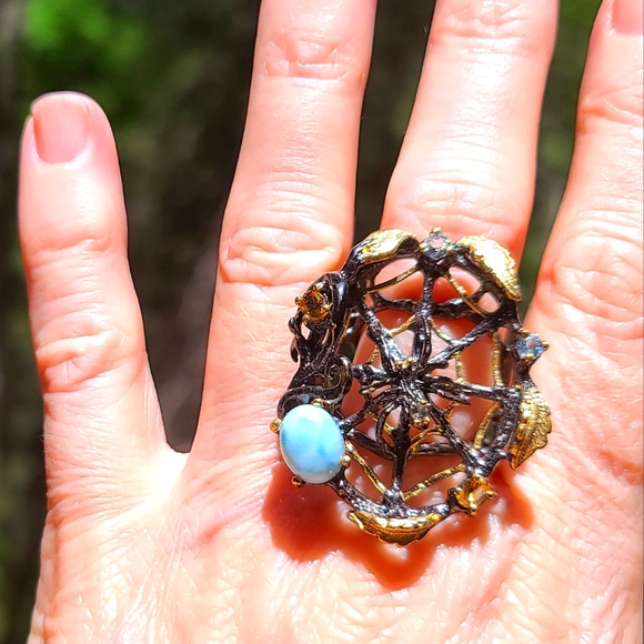 Larimar Citrine & Topaz Sterling & Gold Spiderweb 🕸 🕷 Spider ring sz8 - Picture 1 of 8